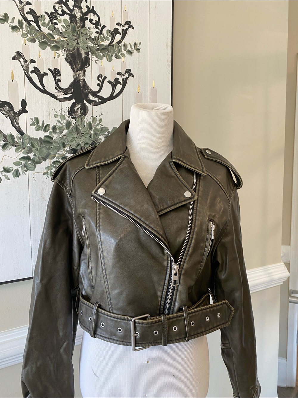 Zara Olive Green Faux Leather Moto Jacket with Belted Waist